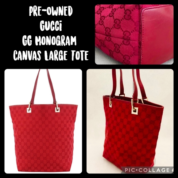 Gucci Handbags - Gucci GG Monogram Canvas Large Tote (Authentic Pre-Owned) Cloth  Red